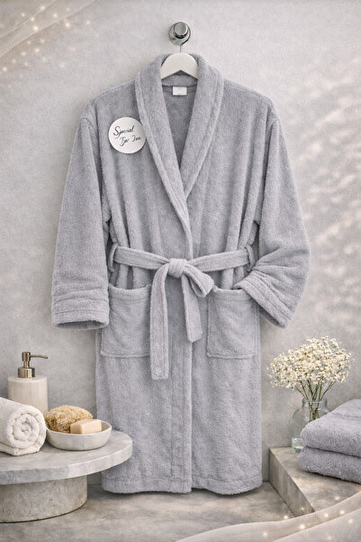 Beğenal Сірий халат з коміром-шале з 100% бавовни