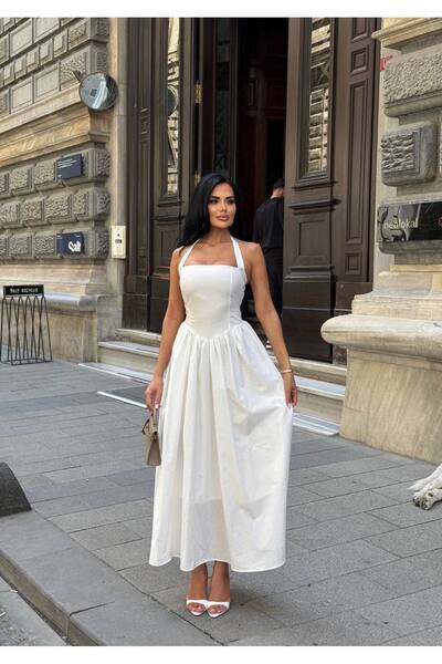 SEVENLINE Women's White Halter Neck Maxi Dress with Gipe Detail on the Back and Lined Poplin Fabric