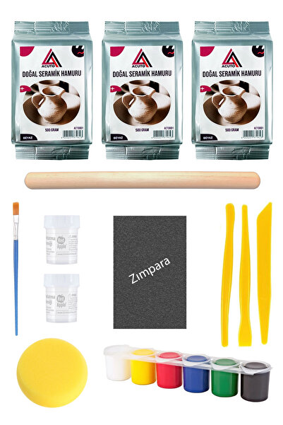ACUTO Seramik Hamuru 1,5 Kg Ebeşuar Seti 6x15 ml Akrilik Set 50 ml Vernik Ahş...