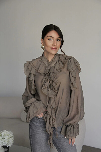 Julidress Bluză cămașă supradimensionată cu guler cu volane și detalii cu vol...