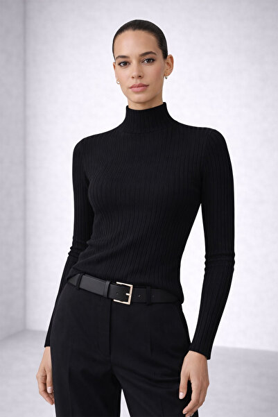 Ferraro Siyah Balıkçı Yaka Super İnce %100 Organik Pamuk Kadın Triko Kazak