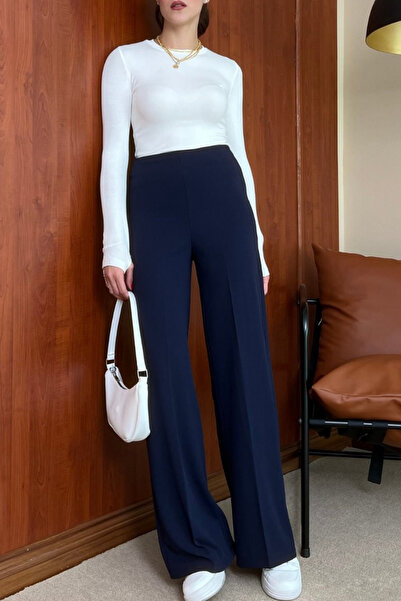 MORE MOSS Kadın Full Likra Bel Yandan Fermuarlı Bol Paça Pantolon