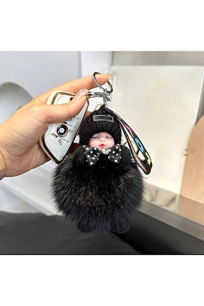 Choice One Size black Pompom Sleeping Baby Keychain Cute Fluffy Plush Doll Ke...