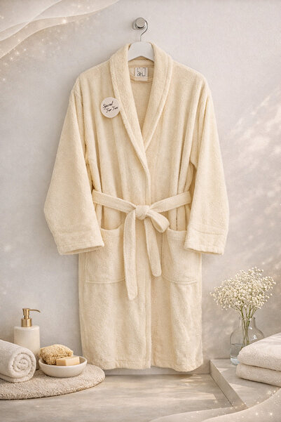 Beğenal رداء حمام بياقة شال قطن 100% بلون كريمي