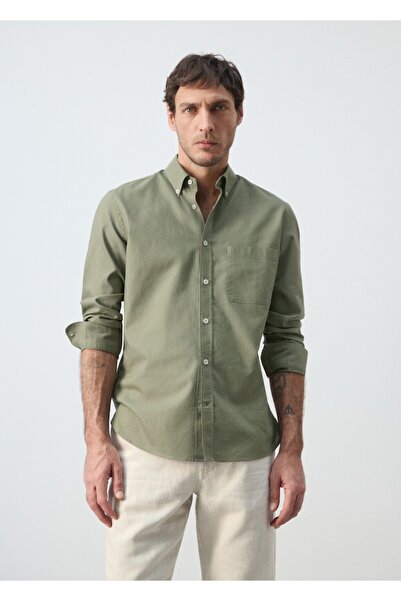 MANGO Man %100 pamuklu çizgili regular fit Oxford gömlek