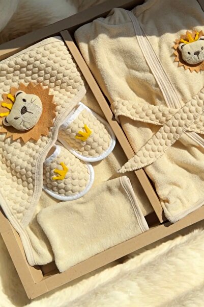MixMax Bebe Erkek Bebek Aslanlı Bornoz Kese Terlik Havlu 4'lü Bornoz Takımı P...