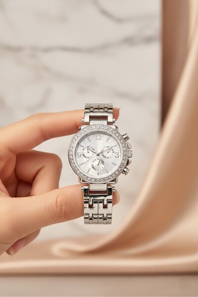 Leerybee Gümüş Renk Taşlı Kasa Klipsli Kordon Kadın Saati Hediye Doğum Günü A...