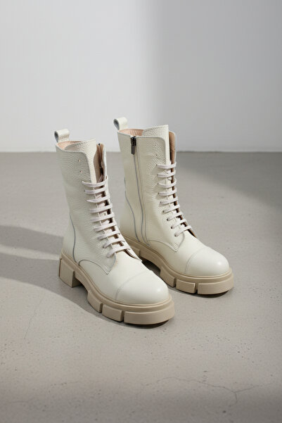 aayak&kabımofficial Genuine Leather White Women's Boots with Laces and Zipper...