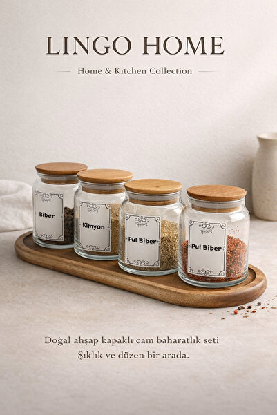LİNGO HOME 4 Pieces 290Cc Glass with Acacia Stand - Vacuum Spice Jar with Sil...