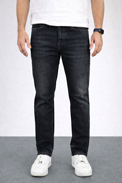 Gussi Erkek Siyah Taşlamalı Regular Boru Paça Esnek Likralı Denim Jeans Kot P...