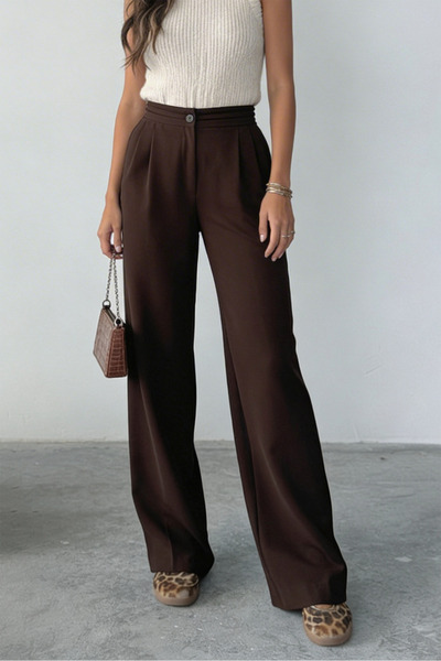Hersteller Kadın Acı Kahve Bol Kesim Palazzo Pantolon Yüksek Bel Pileli Kumaş...