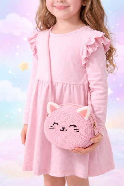 Selvira Kız Çocuk Hasır Kedi Figürlü 2 Model Omuz Çantası – Yuvarlak Tasarım,...