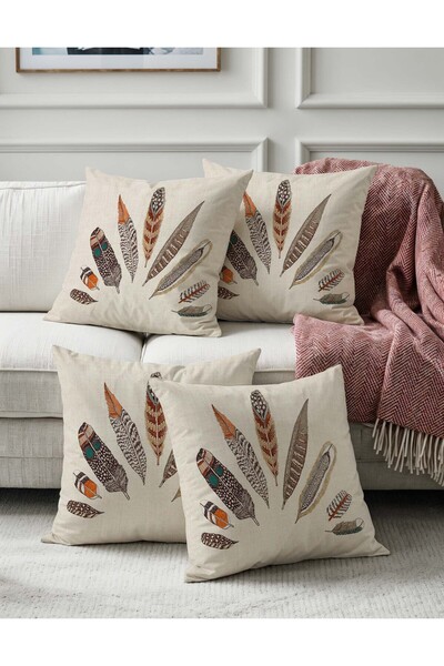 Sakallı Set de perne din catifea bej din 4 piese - model cu pene norocoase, d...