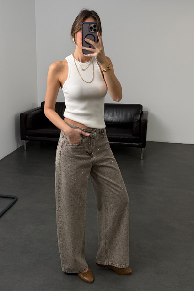 5in1Canpolat Πλενόμενο τζιν παντελόνι με φαρδιά μπατζάκια σε καφέ απόχρωση 0026