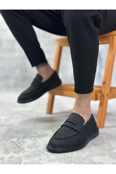 BOA BA0355 Ανδρικά παπούτσια από λινό χωρίς κορδόνια Μαύρη σόλα Classic Corcik