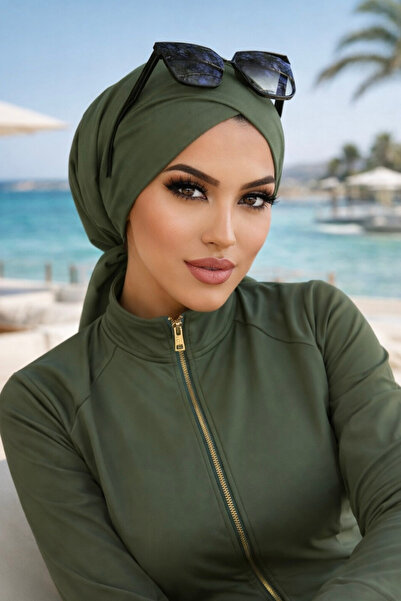 Aişe tesettür Haki Çapraz Deniz - Havuz Deniz Bonesi
