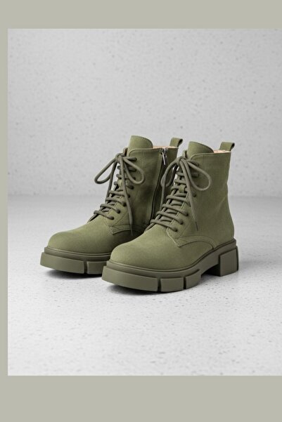 aayak&kabımofficial Gerçek Deri Yeşil Süet Kadın Bot – Kalın Taban Bağcıklı F...