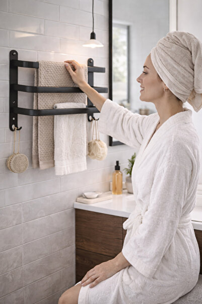 OEM Suport Prosoape Baie Negru Mat 60 cm – 3 Brațe Rabatabile + 4 Cârlige, Ec...