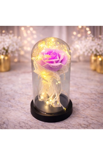 velve Eterno, trandafir sapun in cupola de sticla cu LED, Mov