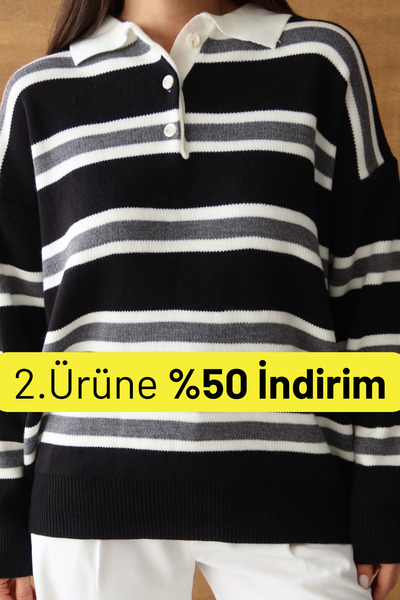 Balenbi Women's Polo Neck Oversized Striped Knitwear Sweater 1128