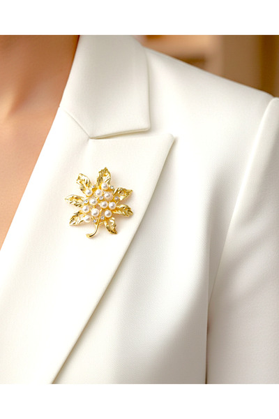 modamira İnci ve Taş Detaylı Özel Tasarım Yaprak Broş - Ebat : 4 cm