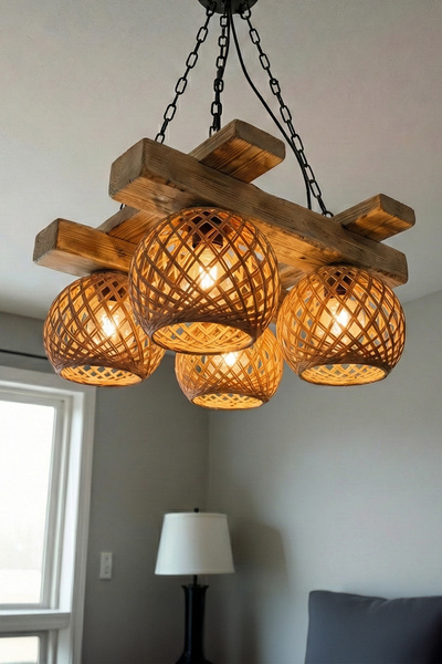 Celestia Rustik Ahşap Avize 4’lü Jüt Halat İp Sarkıt Lamba Salon Mutfak Tavan...