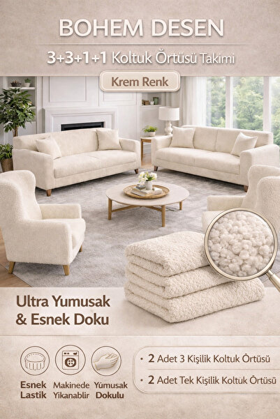 seltenet Bohem Desen krem Lastikli Koltuk Örtüsü 3+3+1+1 Takımı Esnek Lastikl...