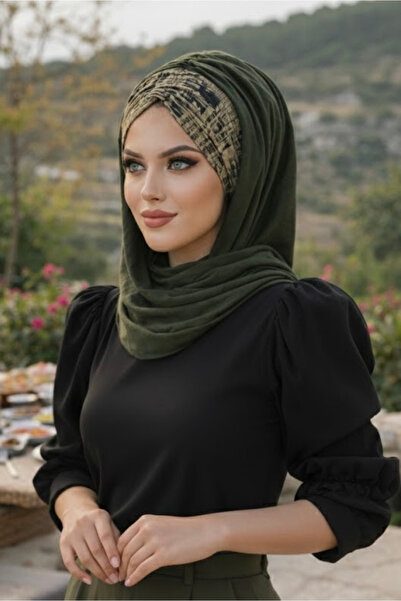 Aişe tesettür Έτοιμο σάλι με μοτίβο χακί κειμένου