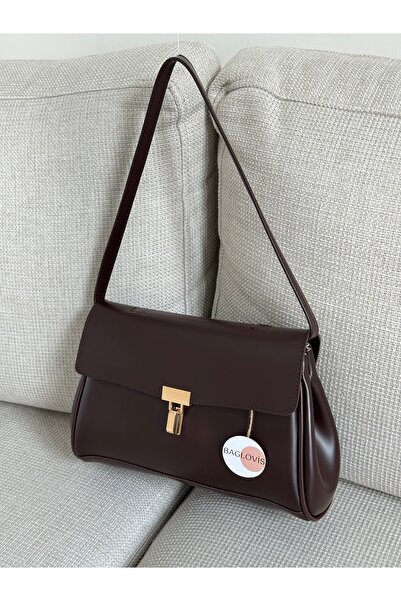 BAGLOVİS Κομψή καφέ γυναικεία τσάντα ώμου με λεπτομέρεια κλειδώματος στο μπρο...