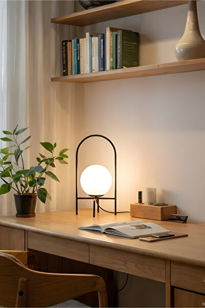 HOMİNG Homing Moon Siyah Metal Camlı Abajur Masa Lambası