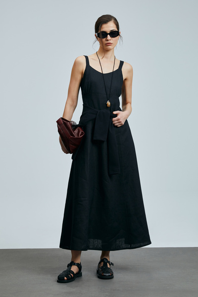 Lufian فستان سيلين نسائي من الكتان باللون الأسود