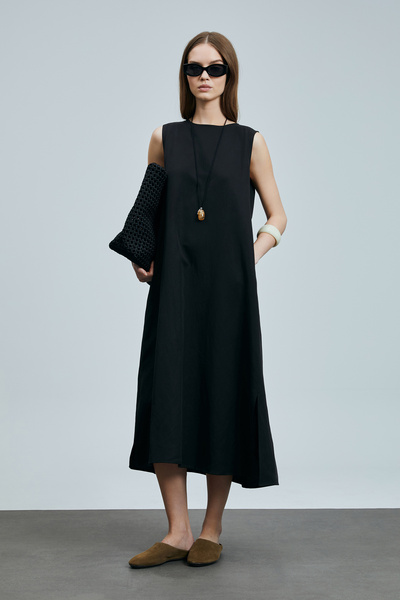 Lufian Rochie Grace pentru femei din amestec de in Lyocell, neagra