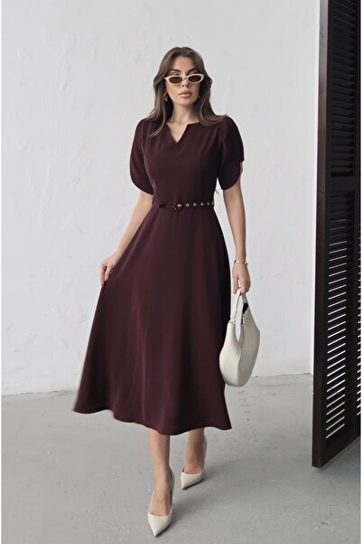 MAXXANA V-izrez balon rukav Kaiš komad midi haljina
