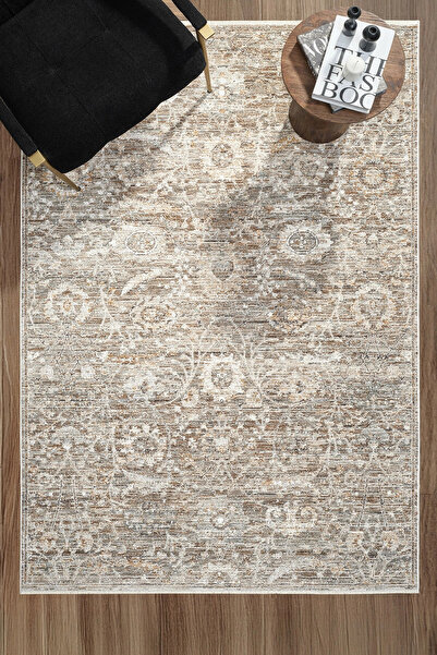 Eliz Home Eskitme Vintage Çiçekli Halı Bambu Polyester Oturma Odası Salon Mut...