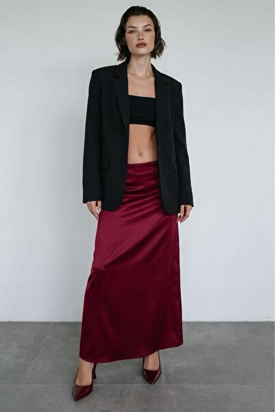 Madmext Bordo Saten Midi Boy Şık Kadın Etek MG2637