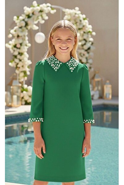Hilal Akıncı Kids Fakir Girl's Dress with Stone Decor on the Collar and Sleeves