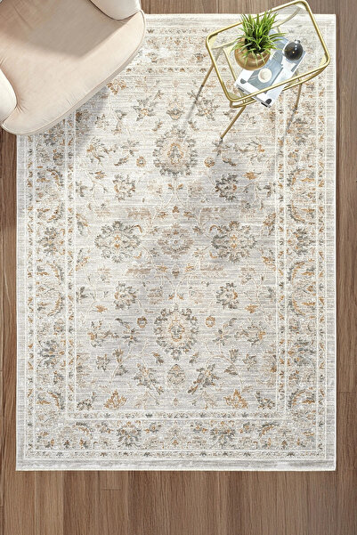 Eliz Home Eskitme Vintage Çiçekli Halı Bambu Polyester Oturma Odası Salon Mut...