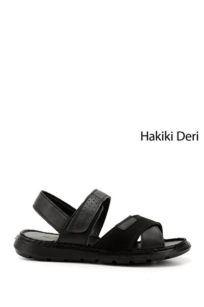 GÖNDERİ(R) Men's Black Velcro Cross Strap Genuine Leather Sandals