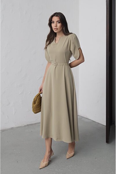 MAXXANA فستان ميدي بحزام وأكمام بالون وياقة على شكل حرف V