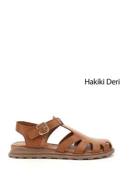 GÖNDERİ(R) Kadın Taba Antik Tokalı Burnu Kapalı Hakiki Deri Sandalet