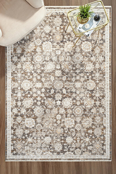 Eliz Home Eskitme Vintage Çiçekli Halı Bambu Polyester Oturma Odası Salon Mut...