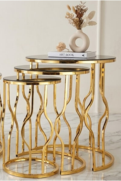 çelsan Yumurta Model 3’lü Zigon Sehpa – Kıvrımlı Metal Ayaklı Siyah Cam Yuvar...