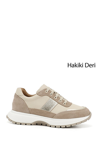 GÖNDERİ(R) Kadın Bej Dolgu Taban Lastik Bağcıklı Hakiki Deri Sneaker