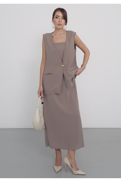 MAXXANA Strappy Dress and Oversized Vest with Button Detail Pockets Two-Piece...