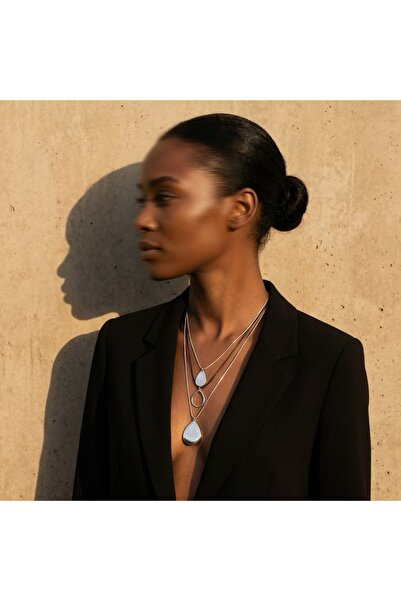 COCOSH TAKI Gümüş ve siyah renk zincirli iri damla model çoklu uzun moden kolye