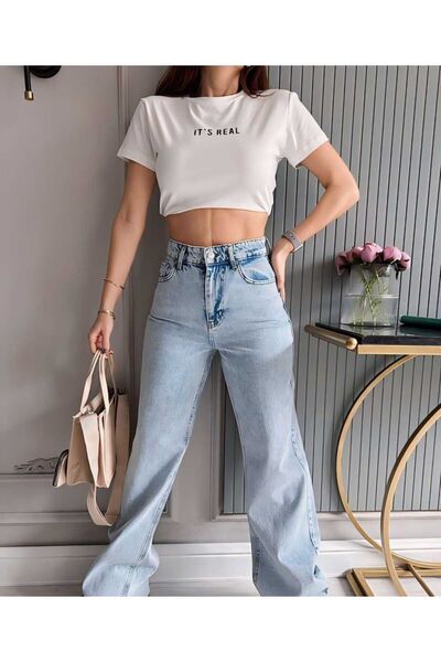 DRC trend بنطلون بالازو من الدنيم باللون الأزرق الفاتح من الليكرا - خصر عالي ...