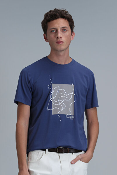 Lufian Nally Modern Grafik T- Shirt Koyu Saks