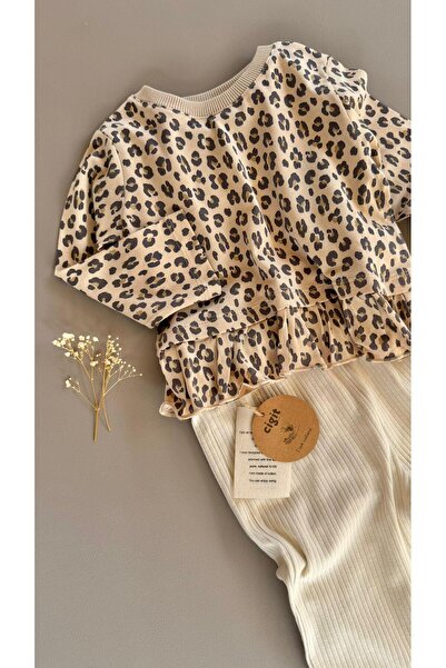 Cigit Patterned Long Sleeve T-Shirt Set 1-8 Years Old Beige