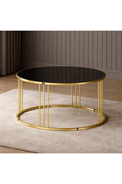 çelsan Piyano Borulu Orta Sehpa – 80 cm Siyah Camlı Gold / Gümüş Metal Ayaklı...