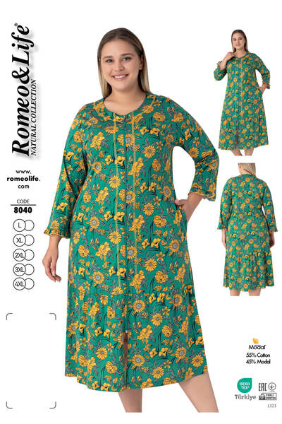 ROMEO LİFE Women's Plus Size Cotton Modal Fabric Zipper Patterned Dress 8040